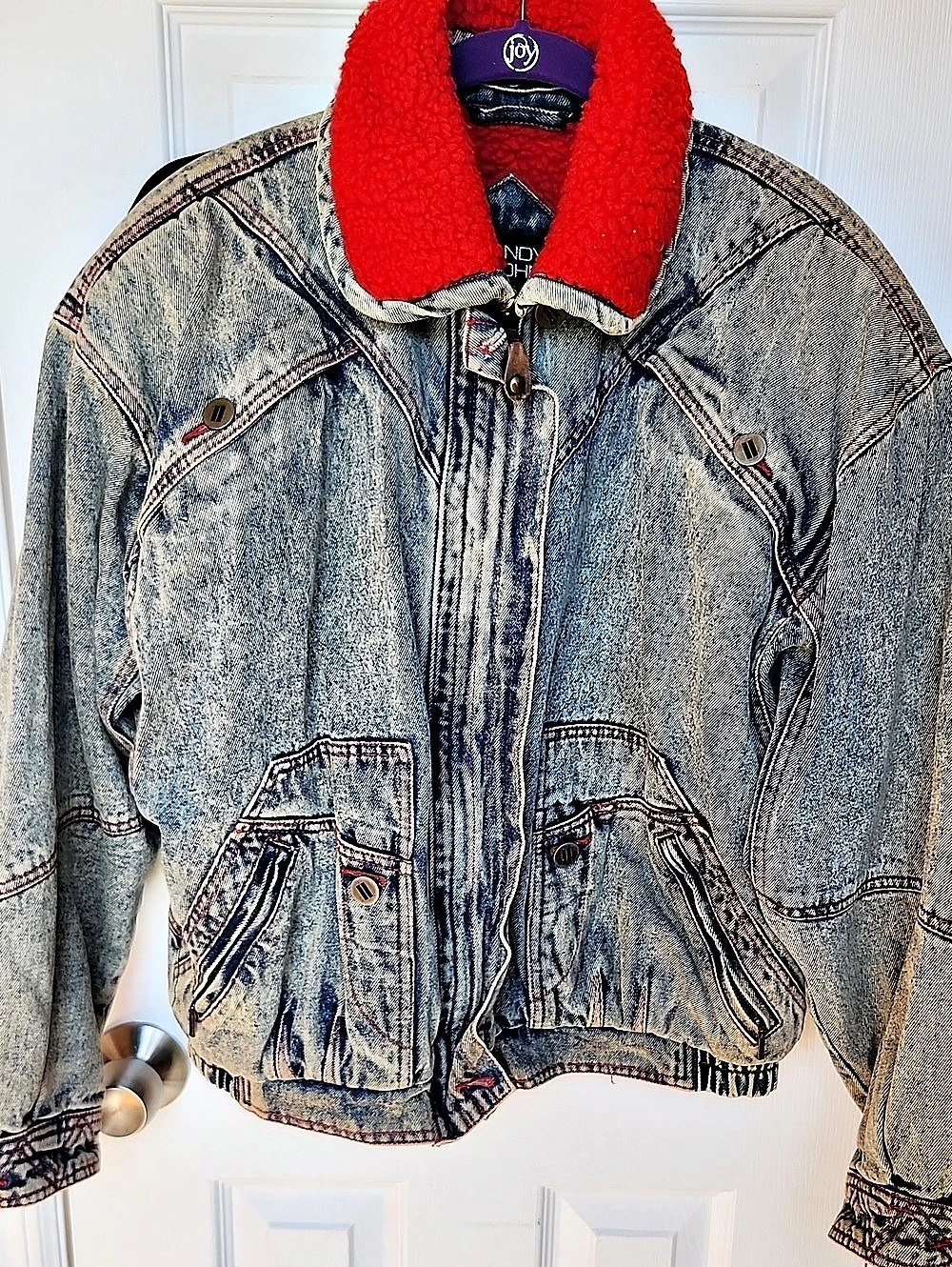 Andy Johns Denim Jacket Red Sherpa Collar Size Medium